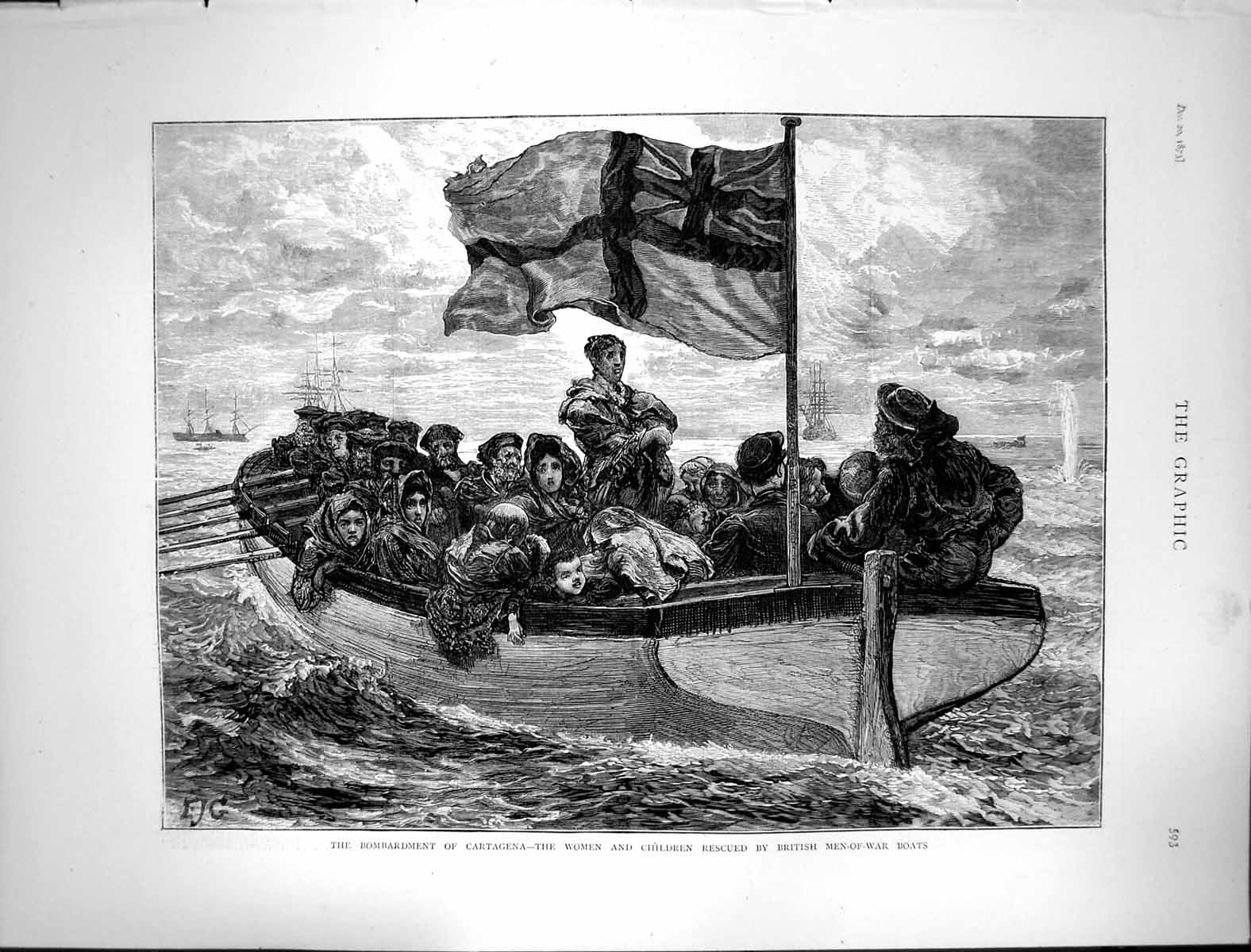 Old 1873 Bombardment Cartagena Women Children British Men-Of-War Boat Victorian