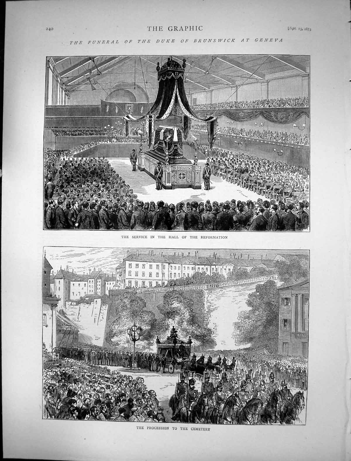 Old 1873 Funeral Duke Brunswick Geneva Service Hall Reformation Proce Victorian