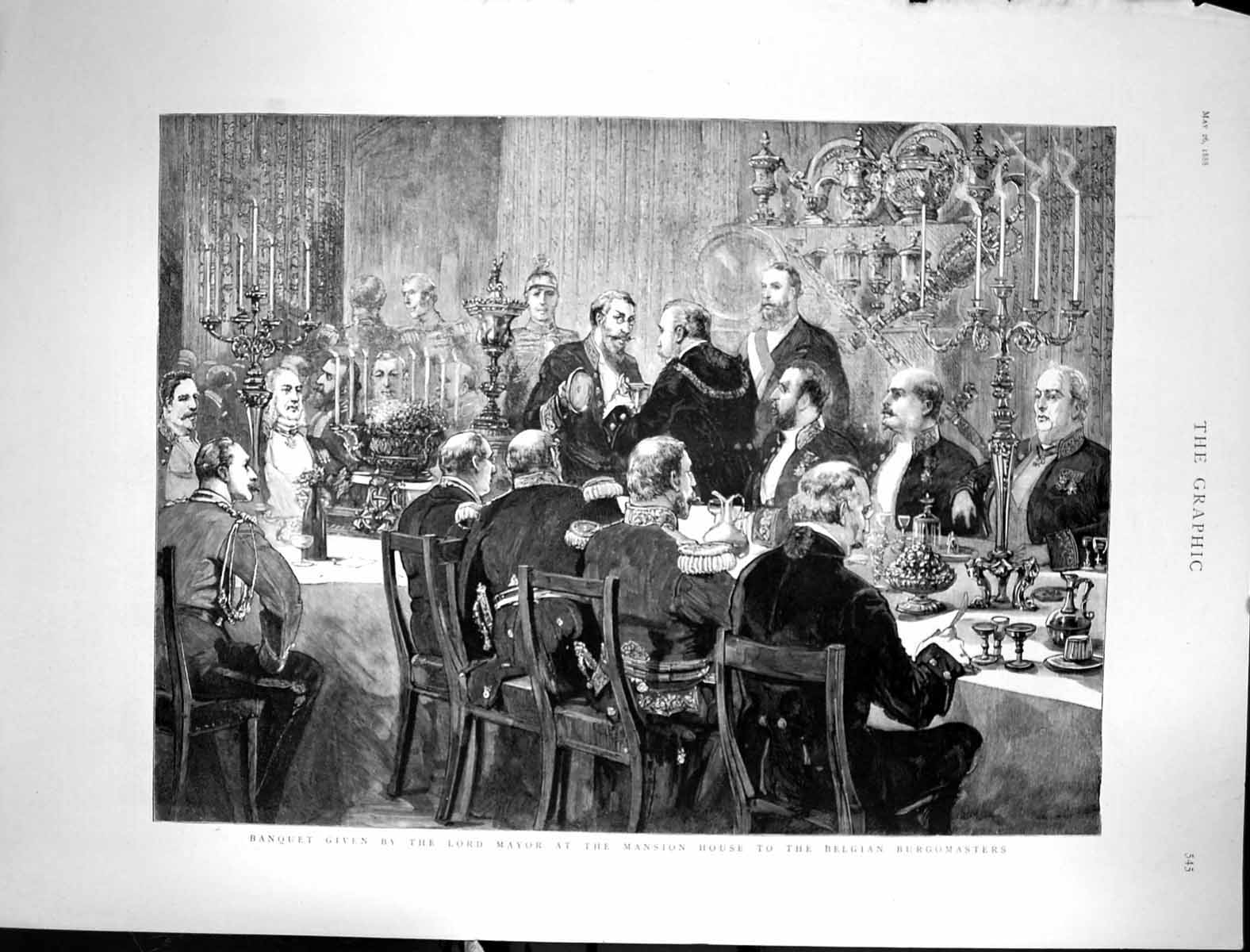 Antique Old Print 1888 Banquet Lord Mayor Mansion House Belgian Burgomasters