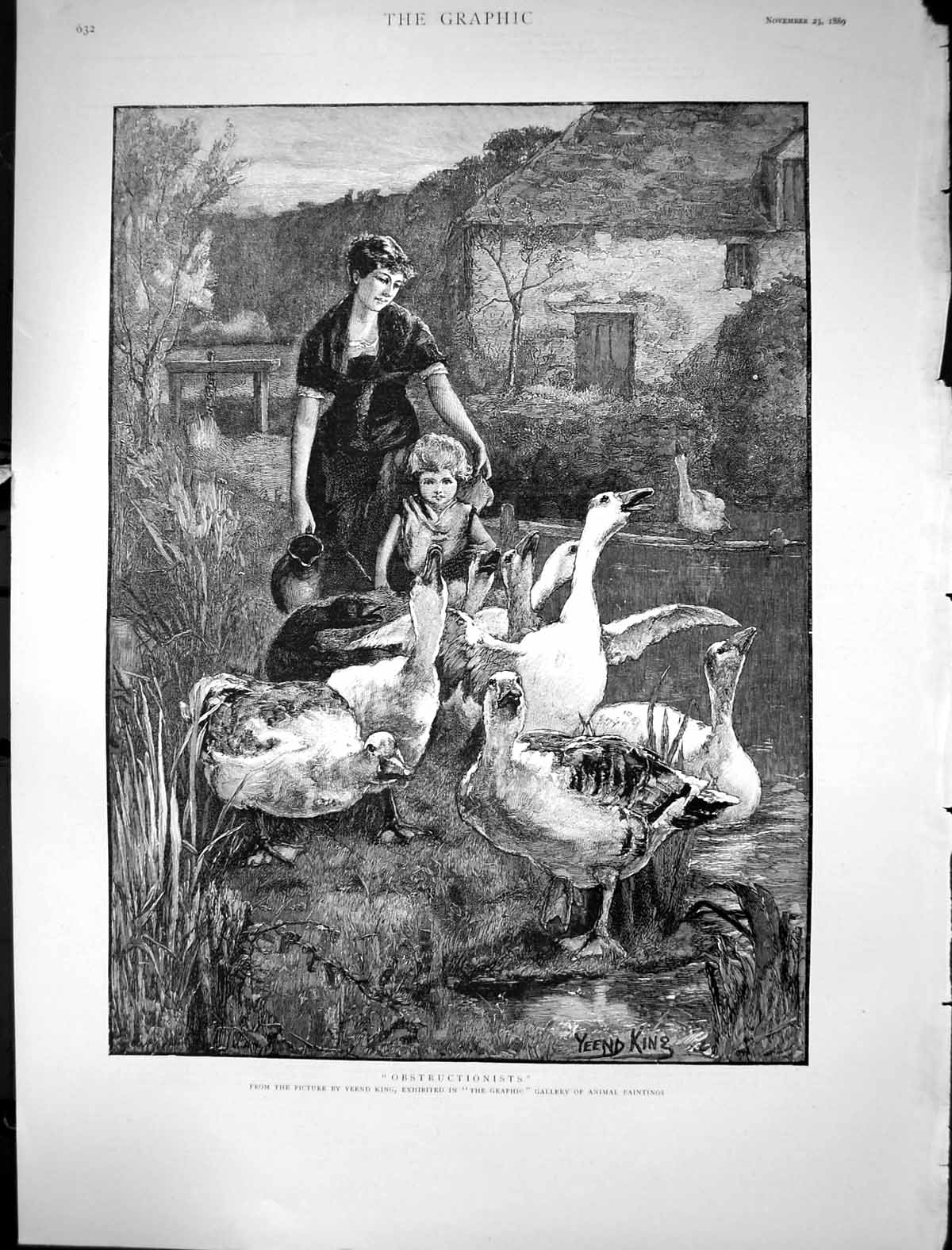 Old Print 1889 Obstructionists Mother Young Child Geese Birds Yeend King 19th