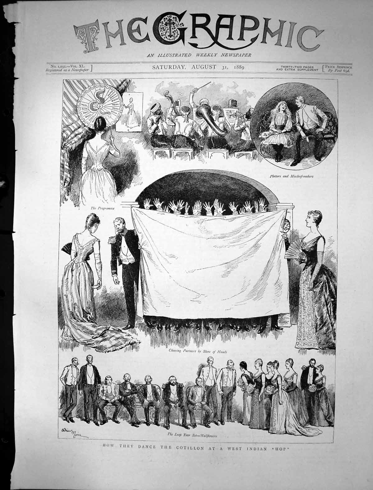 Old Antique Print 1889 Dance Cotillon West Indian Hop Men Ladies Romance 19th