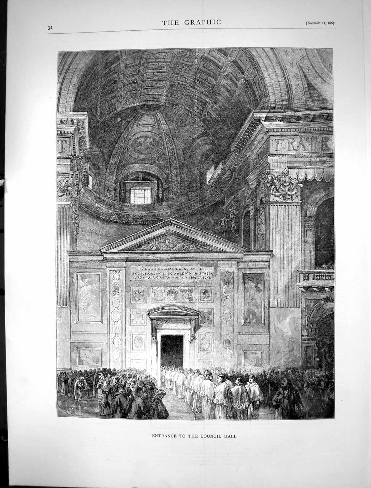 Original Old Antique Print 1869 Entrance Council Hall Architecture Building