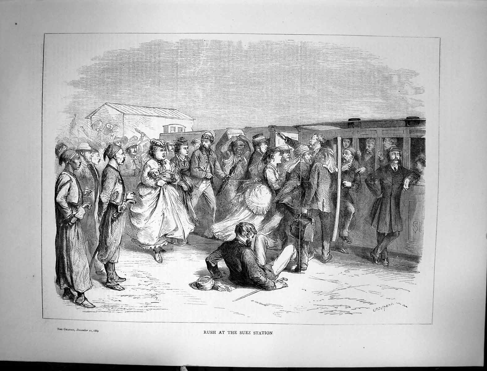 Antique Old Print 1869 Rush Suez Station Railway Train Passengers Transport