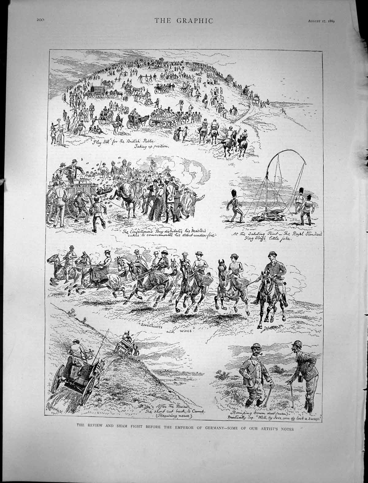 Original Old Antique Print 1889 Sham Fight Emperor Germany Siers Horses 19th
