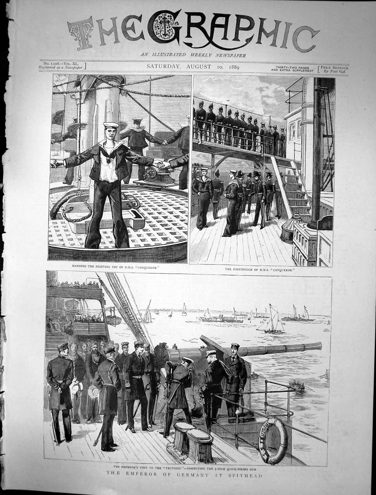 Old 1889 Emperor Germany Spithead Ships Teutonic Conqueror Forebridge Victorian