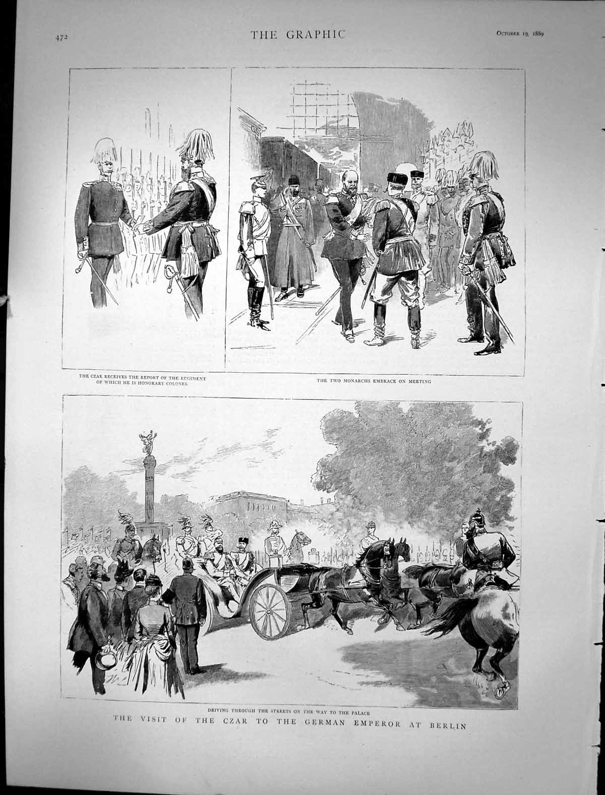 Old Antique Print 1889 Visit Czar German Emperor Berlin Germany War Siers 19th