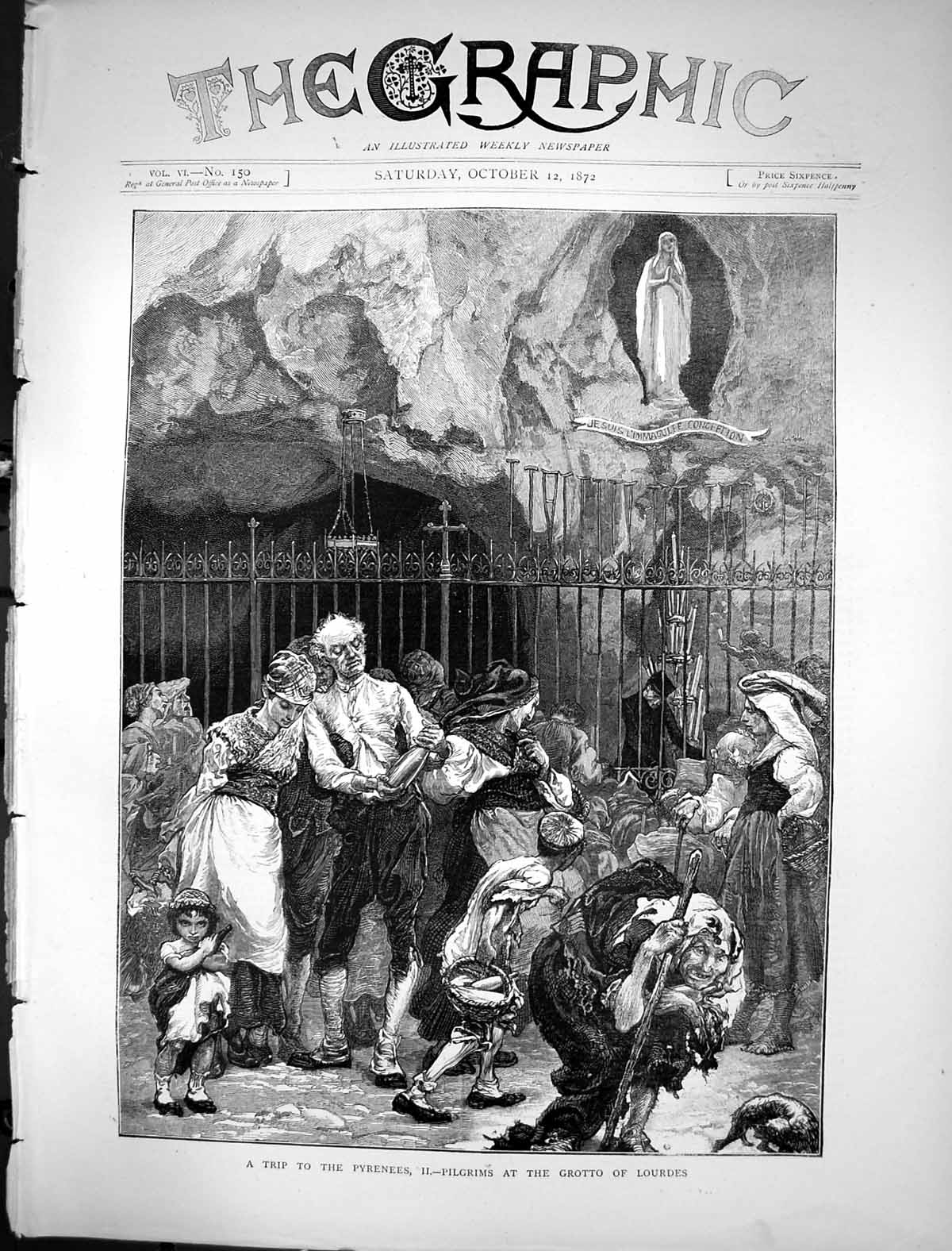 Antique Print 1872 Trip Pyrenees Pilgrims Grotto Lourdes Tourists Religion 19th