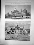 Original Old Antique Print 1872 Fire Escurial Palace Birds-Eye View Monastery