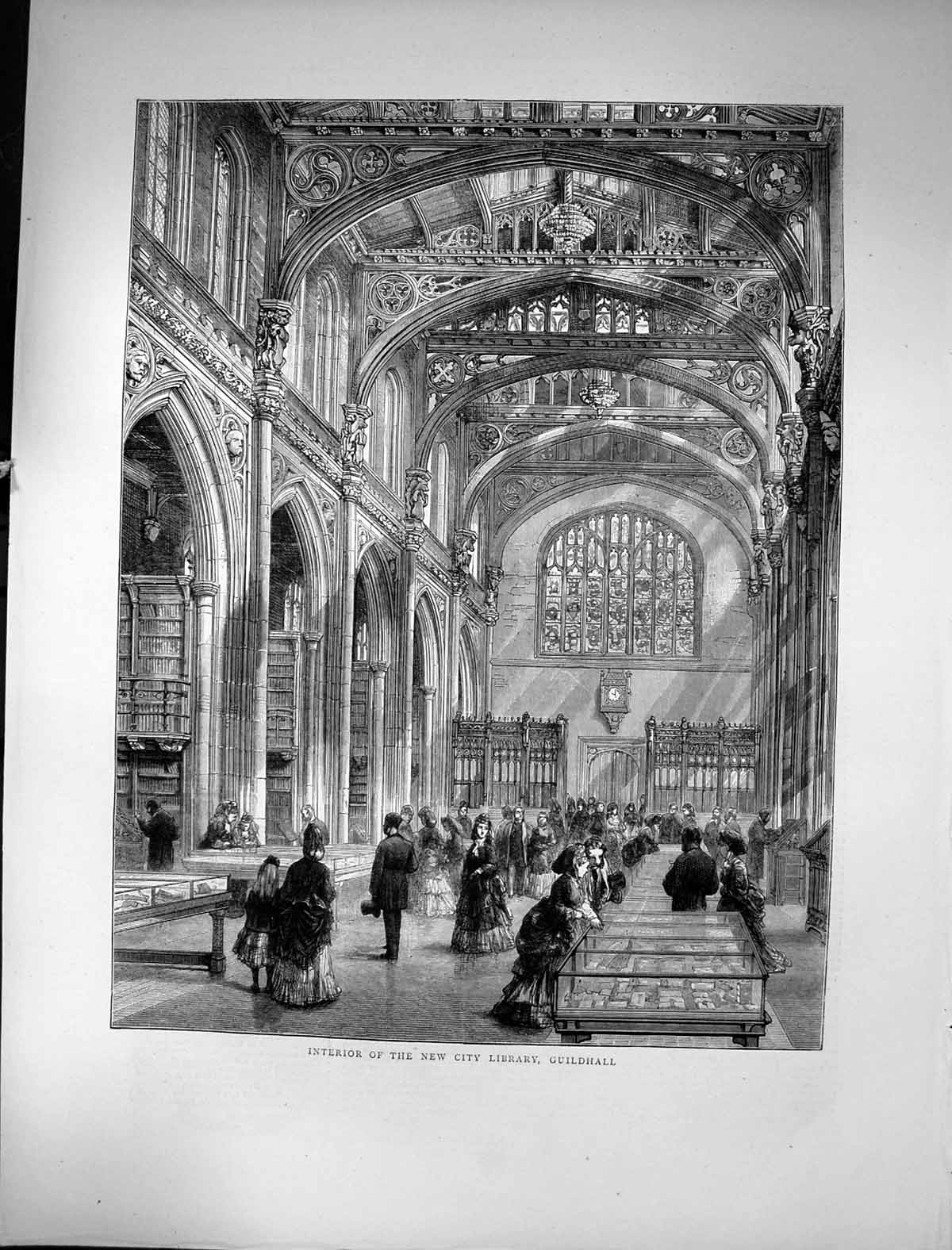 Original Old Antique Print 1872 Interior View City Library Guildhall London