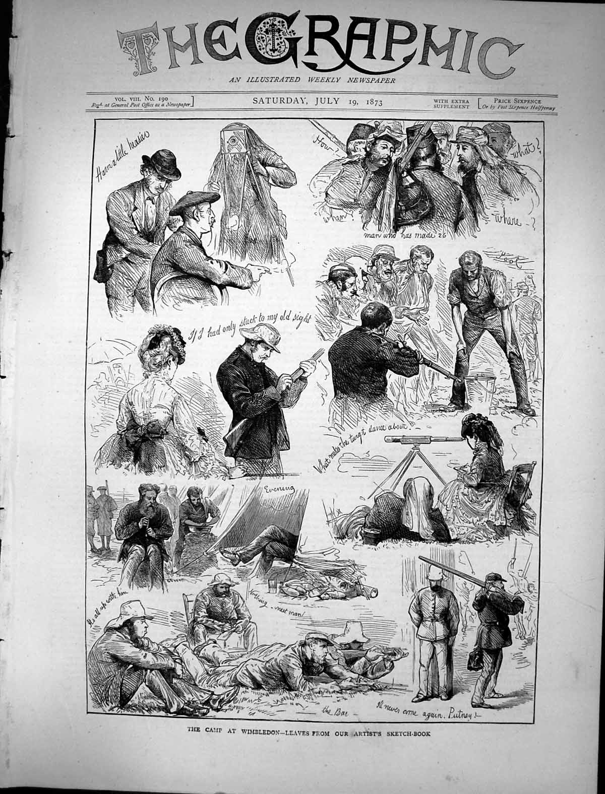 Original Old Antique Print 1873 Camp Wimbledon Rifle Shooting Sport Victorian