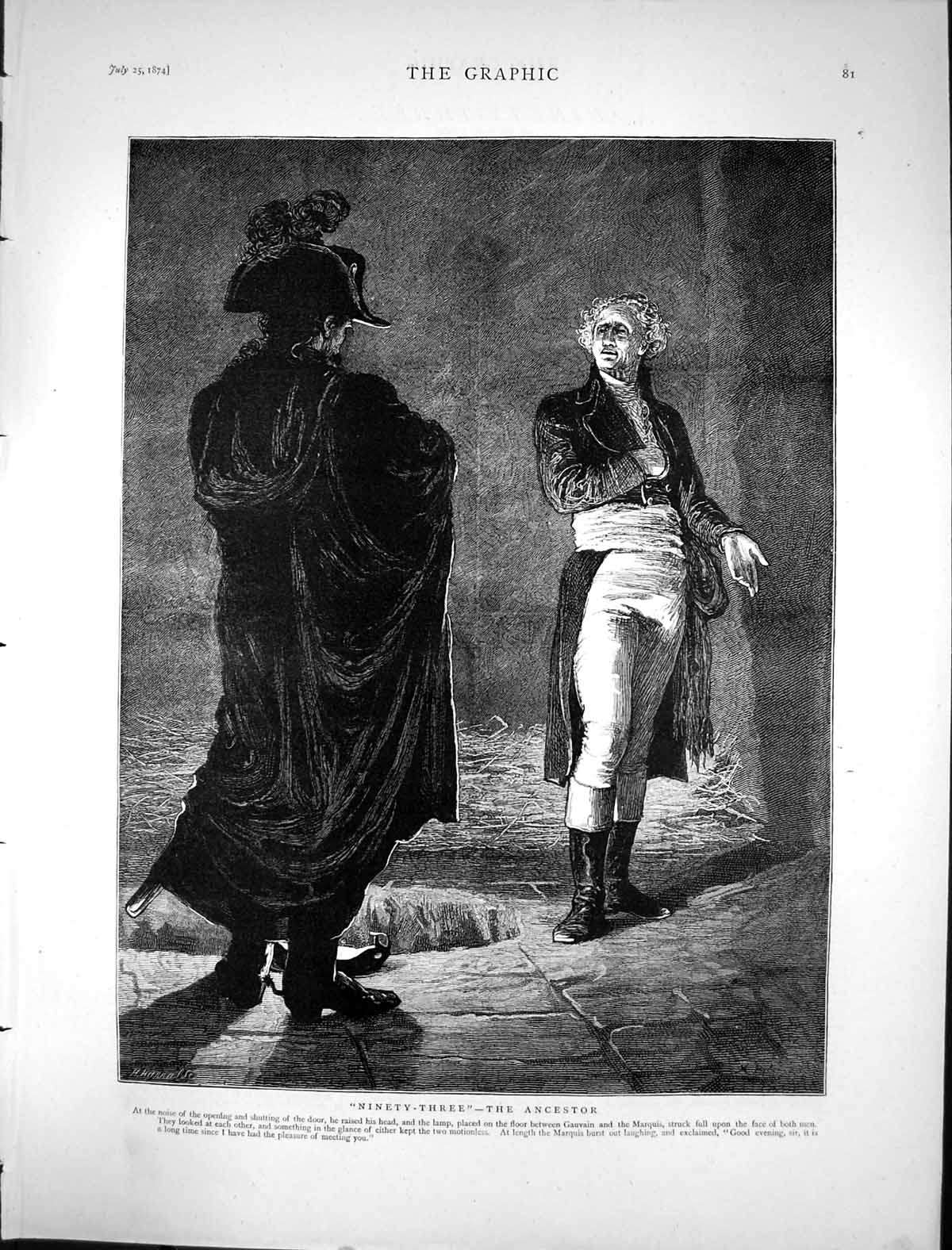 Original Old Antique Print 1874 Ninety-Three Ancestor Gauvain Marquis Victorian