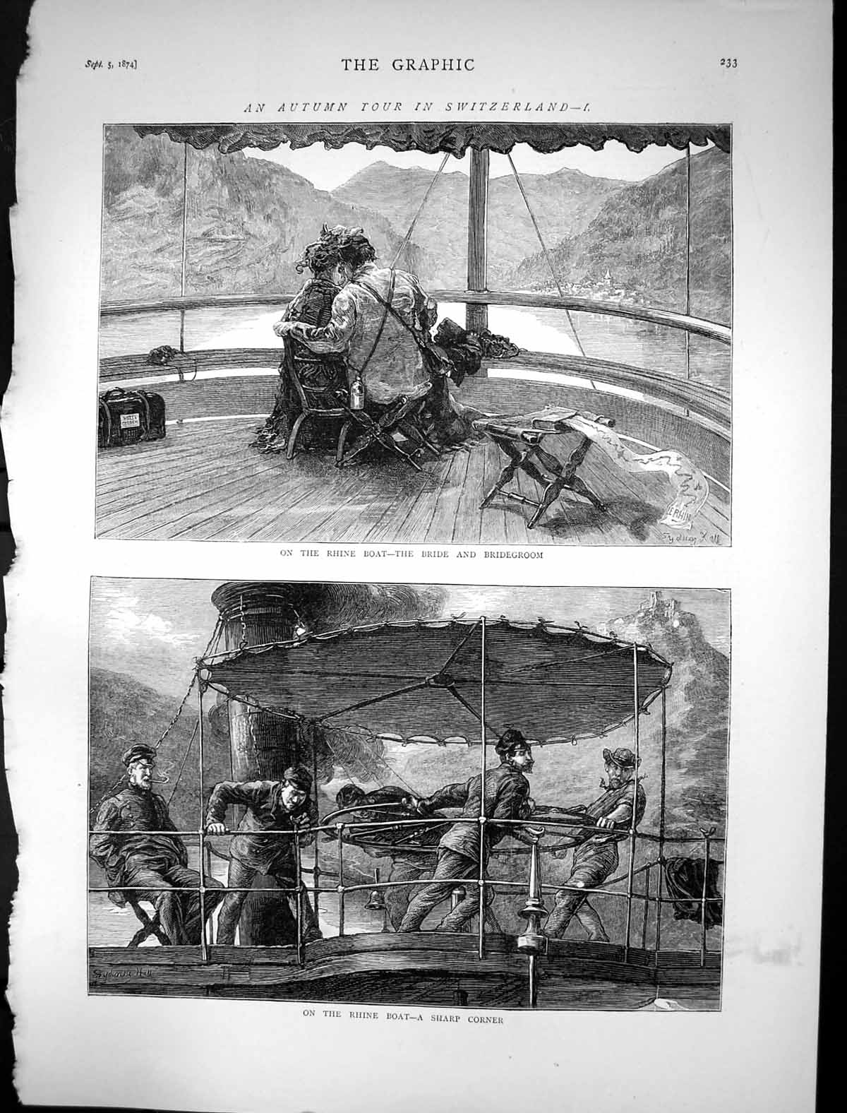 Old Print 1874 Switzerland Rhine Boat Bride Bridegroom Tourists Transport 19th