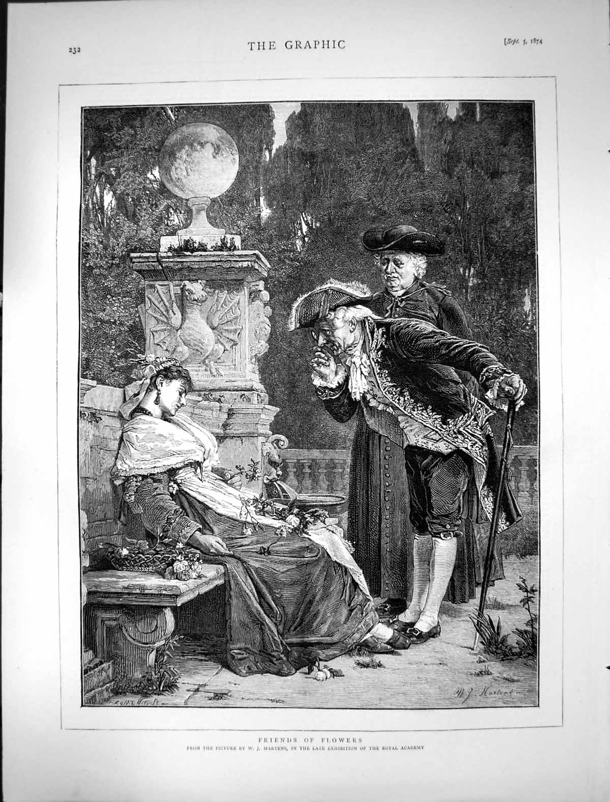 Original Old Antique Print 1874 Friend Flowers Woman Sleeping Man Martens 19th