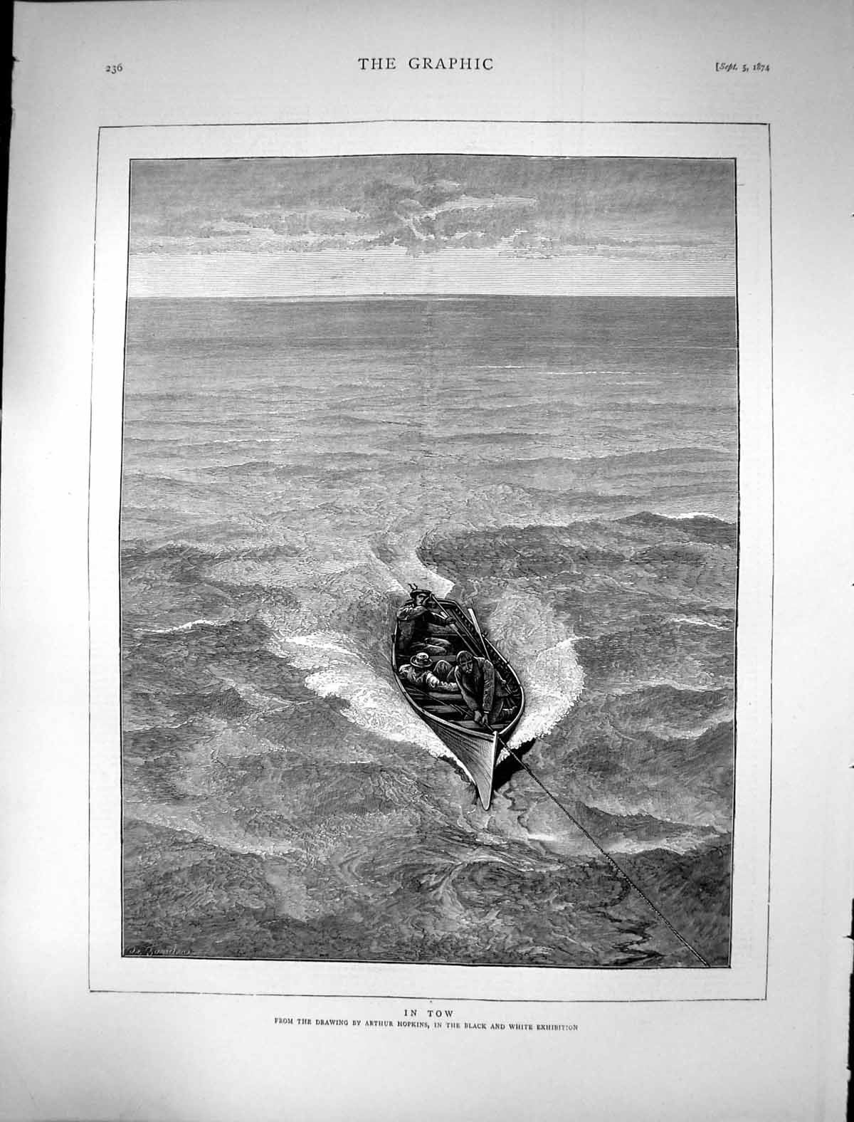 Original Old Antique Print 1874 In Tow Sea Boat Arthur Hopkins 19th
