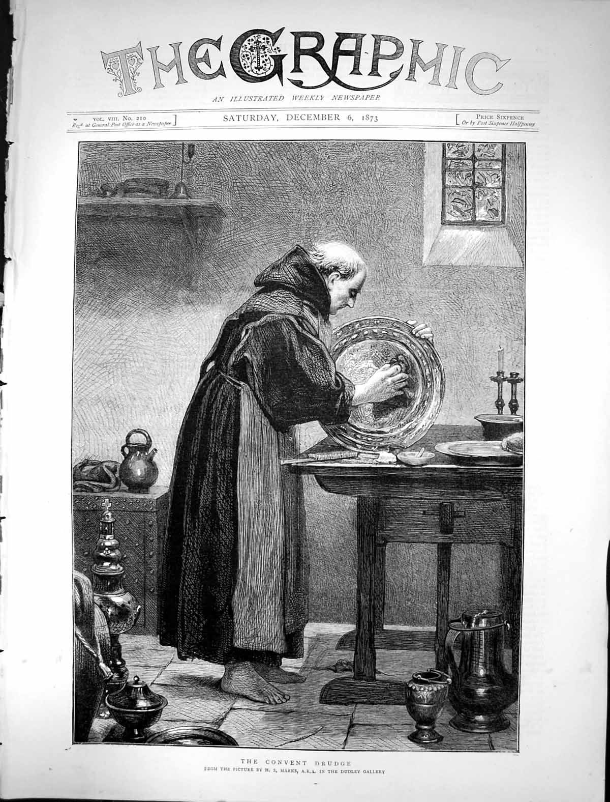 Antique Print 1873 Convent Drudge Monk Polishng Silver Marks Dudley Gallery