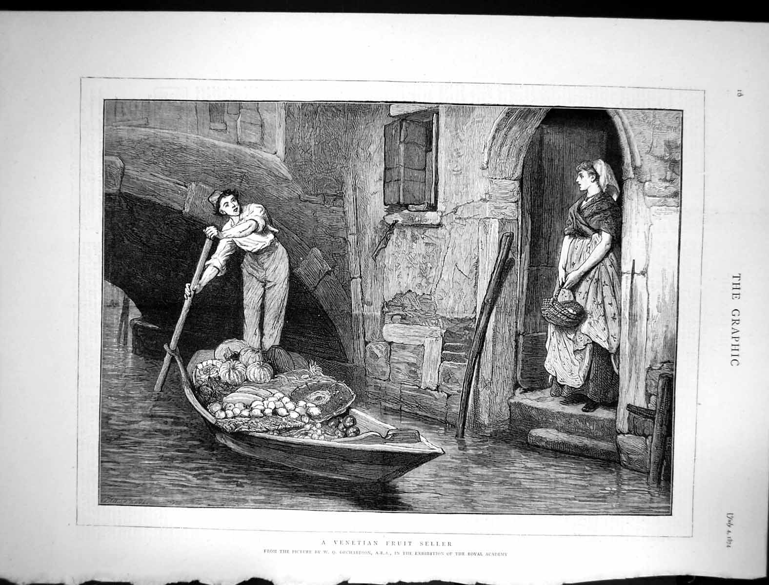 Old Antique Print 1874 Venetian Fruit Seller Canal Boat Venice Orchardson 19th