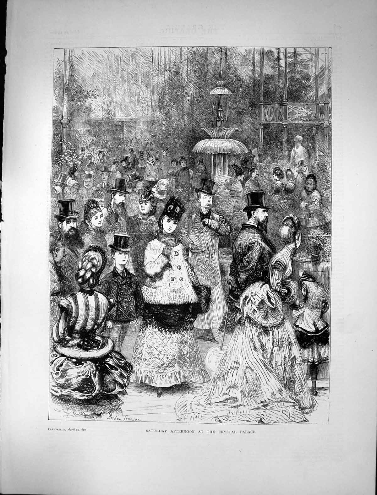 Old Print 1870 Saturday Afternoon Crystal Palace Families Fountain London 19th