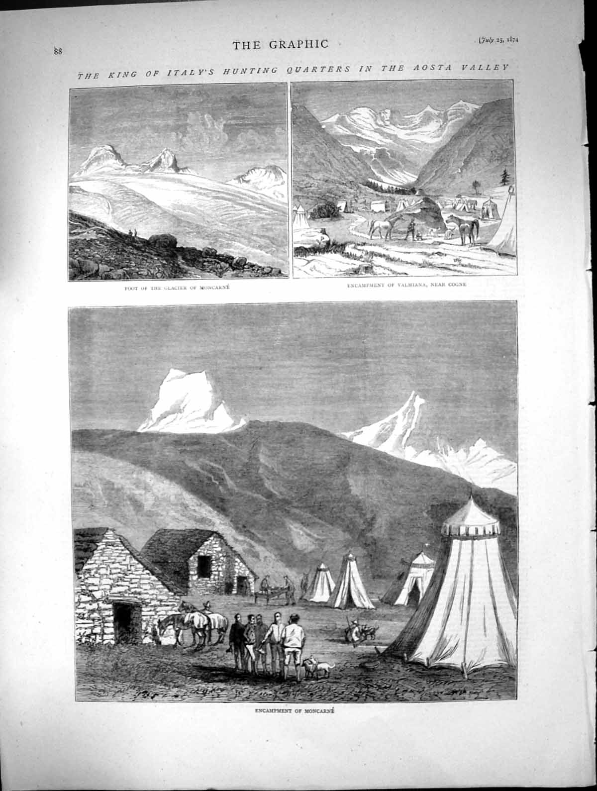 Old Print King Italy Hunting Quarters Aosta Valley Glacier Moncarne 1874 19th