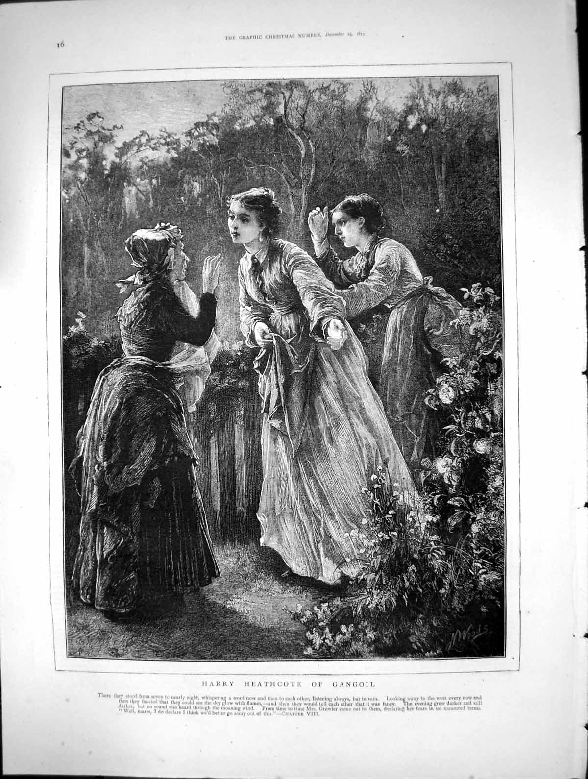 Old Antique Print Harry Heathcote Gangoil Woods Three Ladies Garden 1873 19th