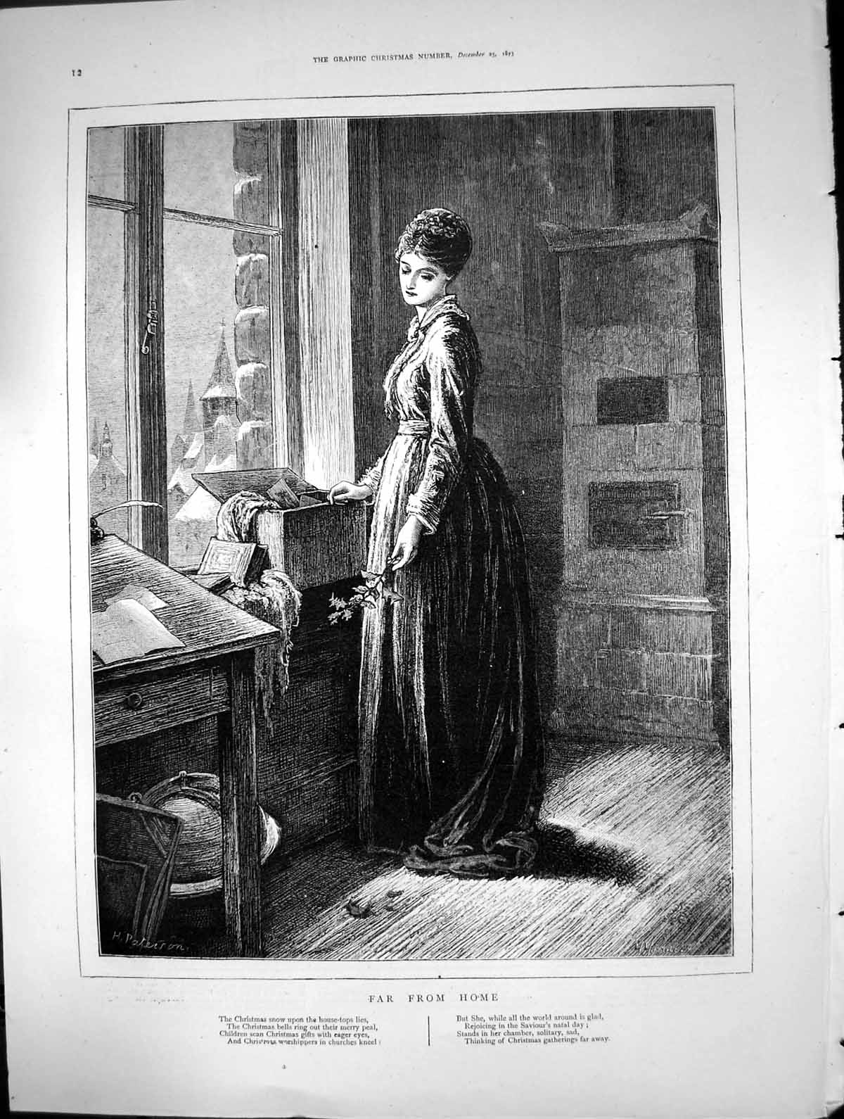 Antique Old Print Far From Home H Paterson Woman Holly Christmas Alone 1873