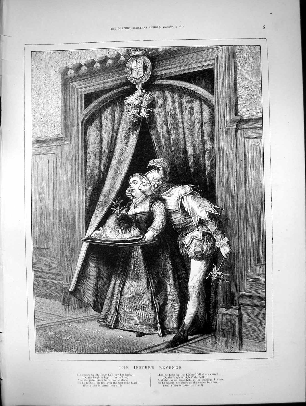 Original Old Antique Print Jesters Revenge Kisses Lady Christmas Pudding 1873