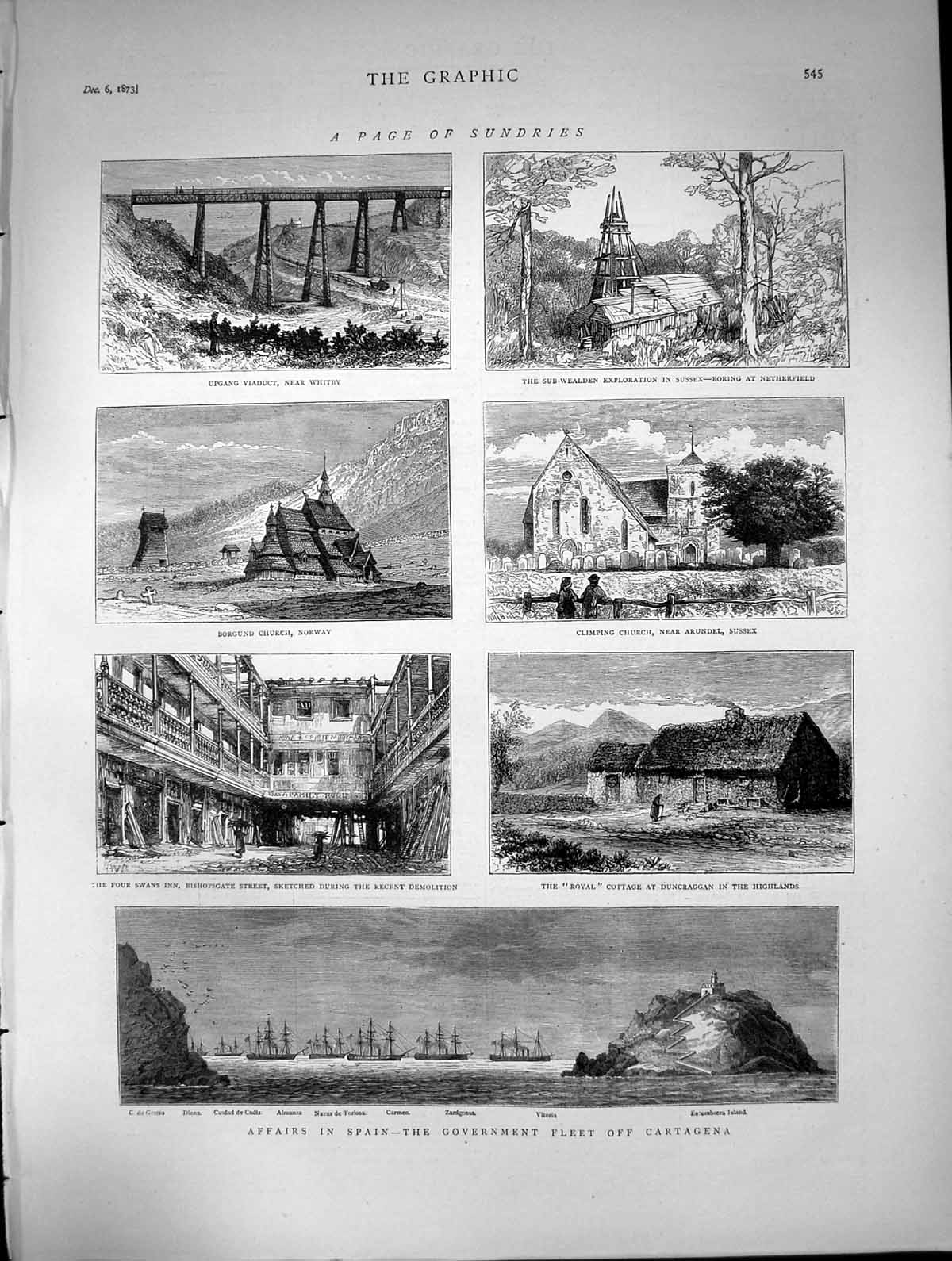 Old Antique Print Government Fleet Cartagena Borgund Church Norway 1873 19th