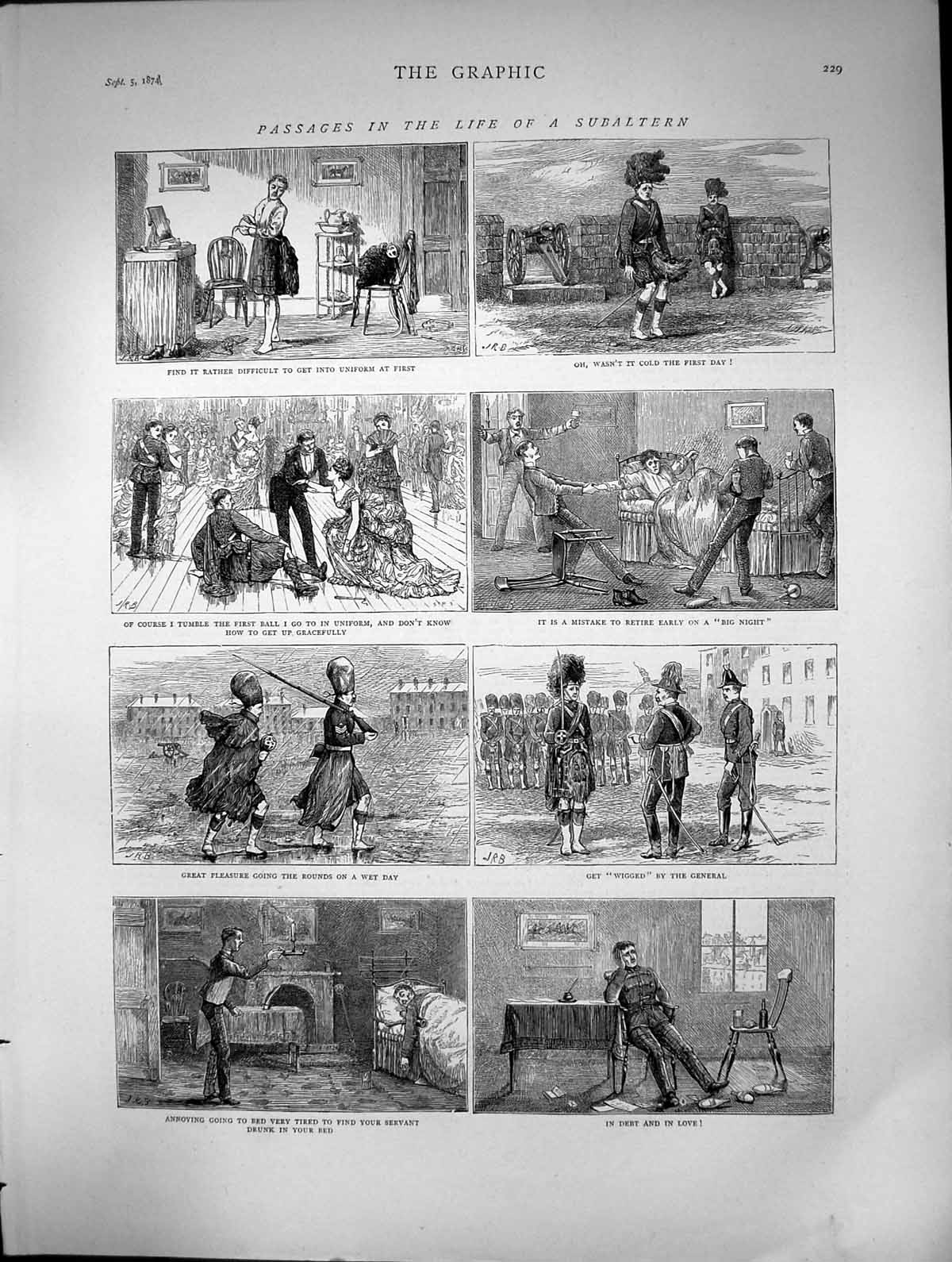 Antique Print Life Subaltern Uniform First Ball Wet Day Wigged General 1874