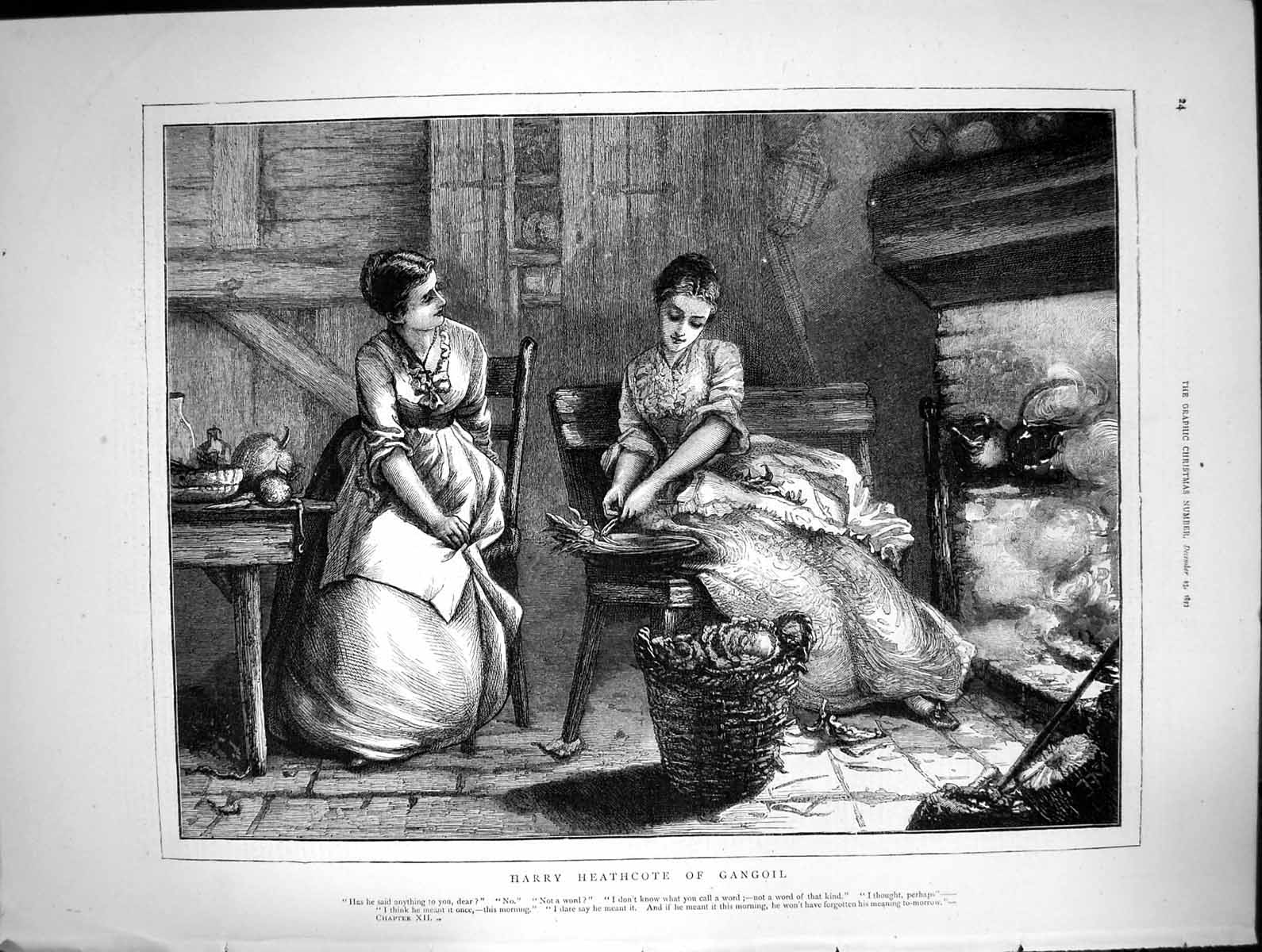 Original Old Antique Print Harry Heathcote Gangoil Women Talking Fireplace 1873