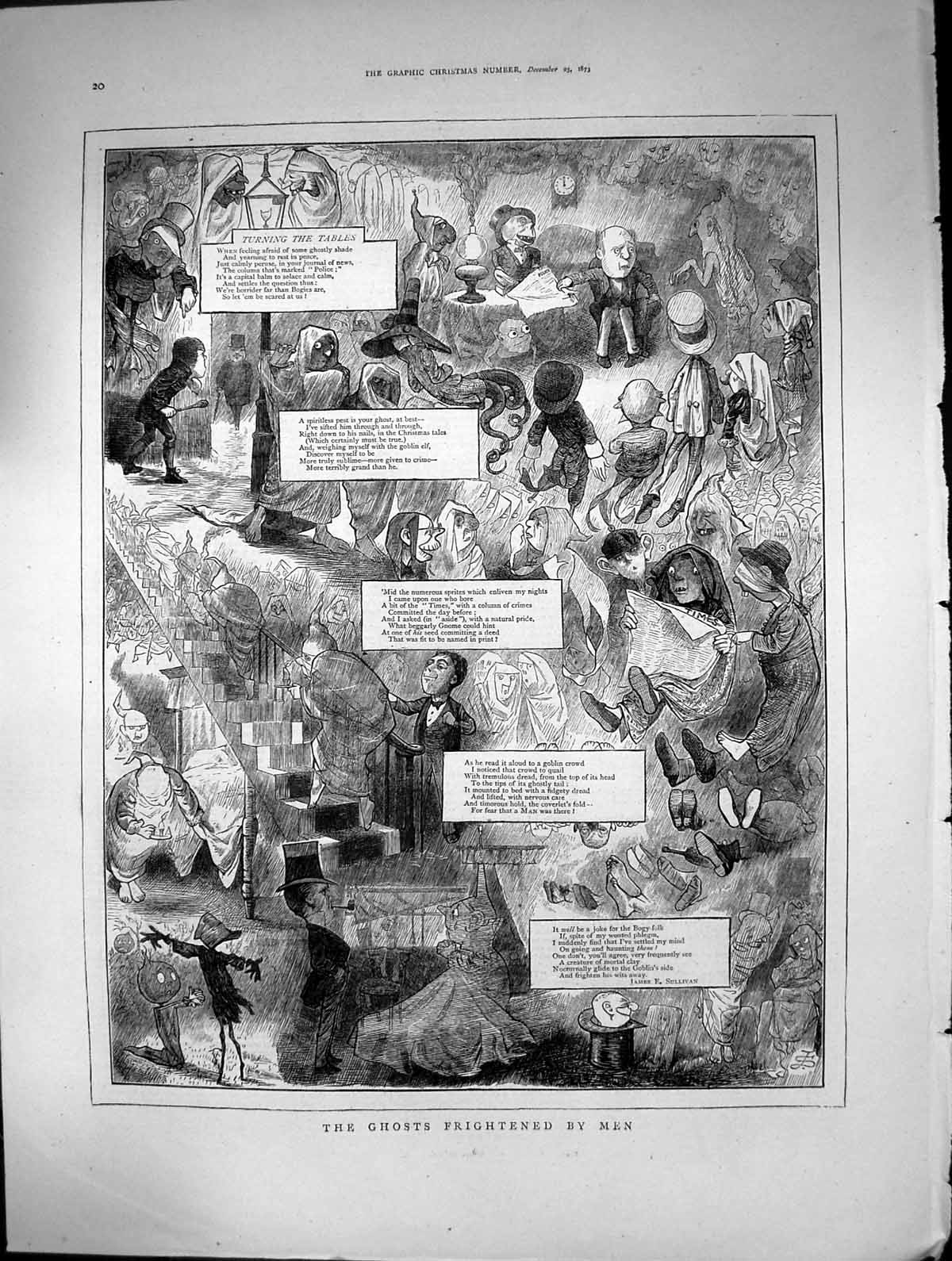 Original Old Antique Print Ghosts Frightened By Men Turning Tables Goblins 1873