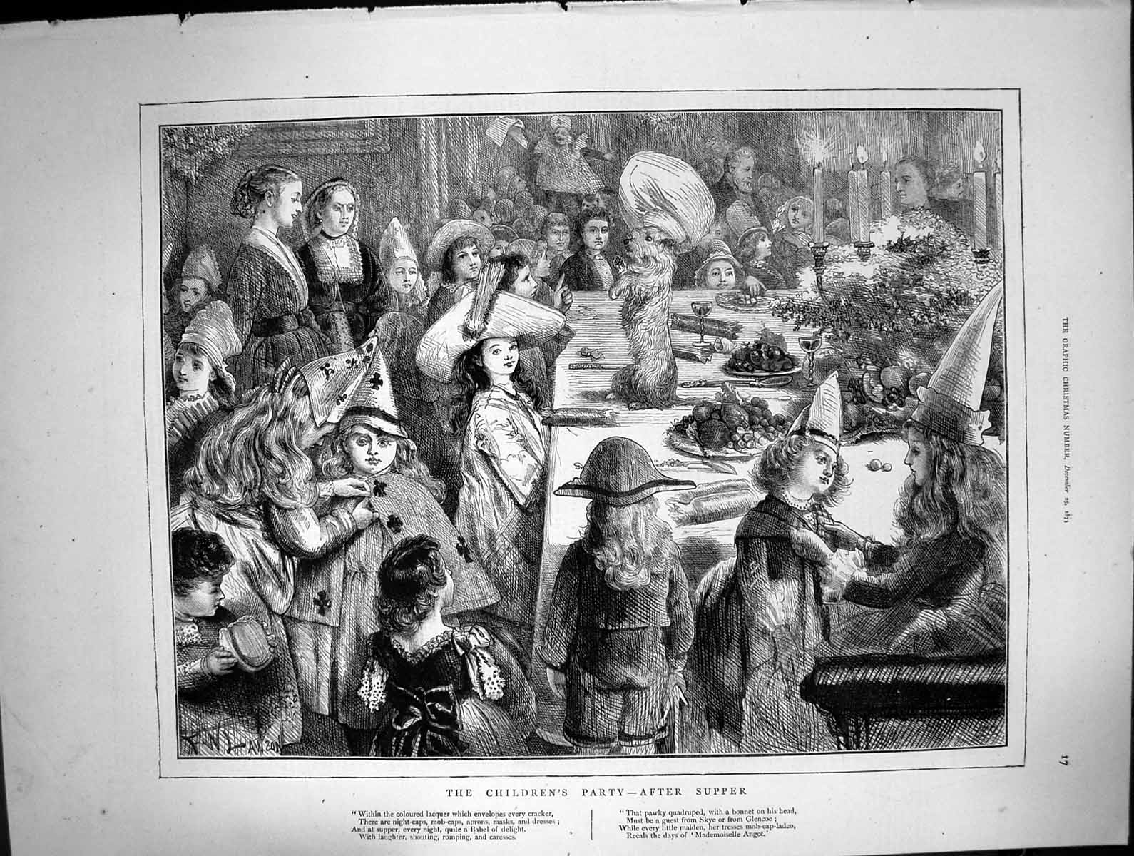 Old Antique Print Childrens Party After Supper Dog Table Party Hats 1873 19th