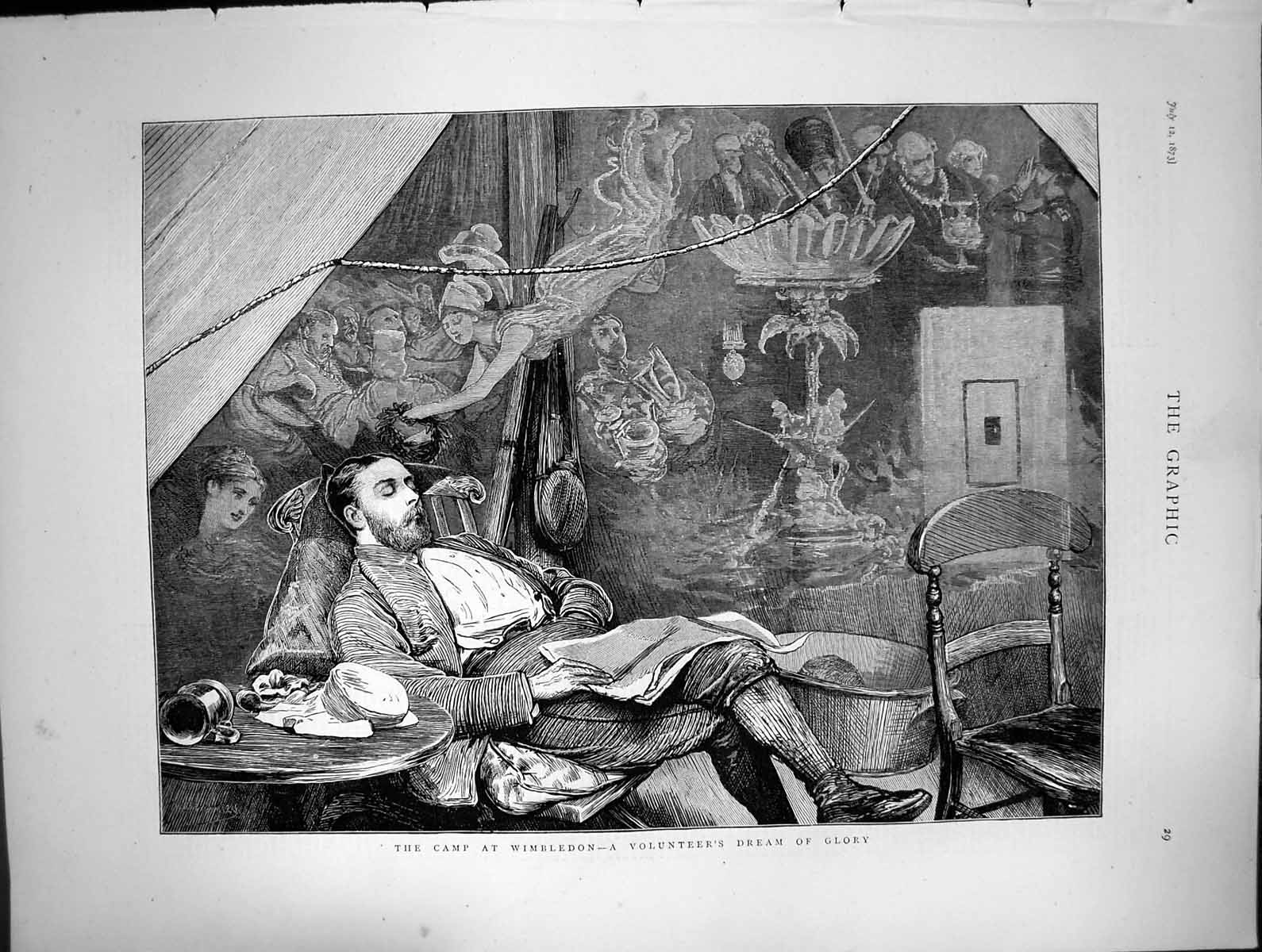 Original Old Antique Print Camp Wimbledon Volunteers Dream Glory 1873 Victorian