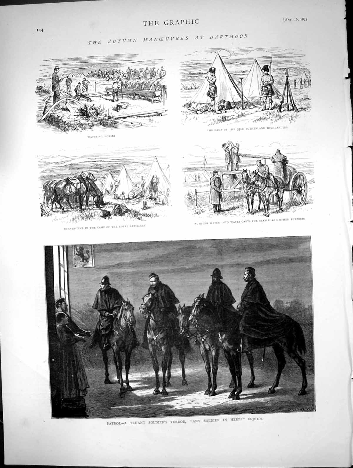 Old Antique Print Manoeuvres Dartmoor Water Carts Camp Patrol Siers 1873 19th