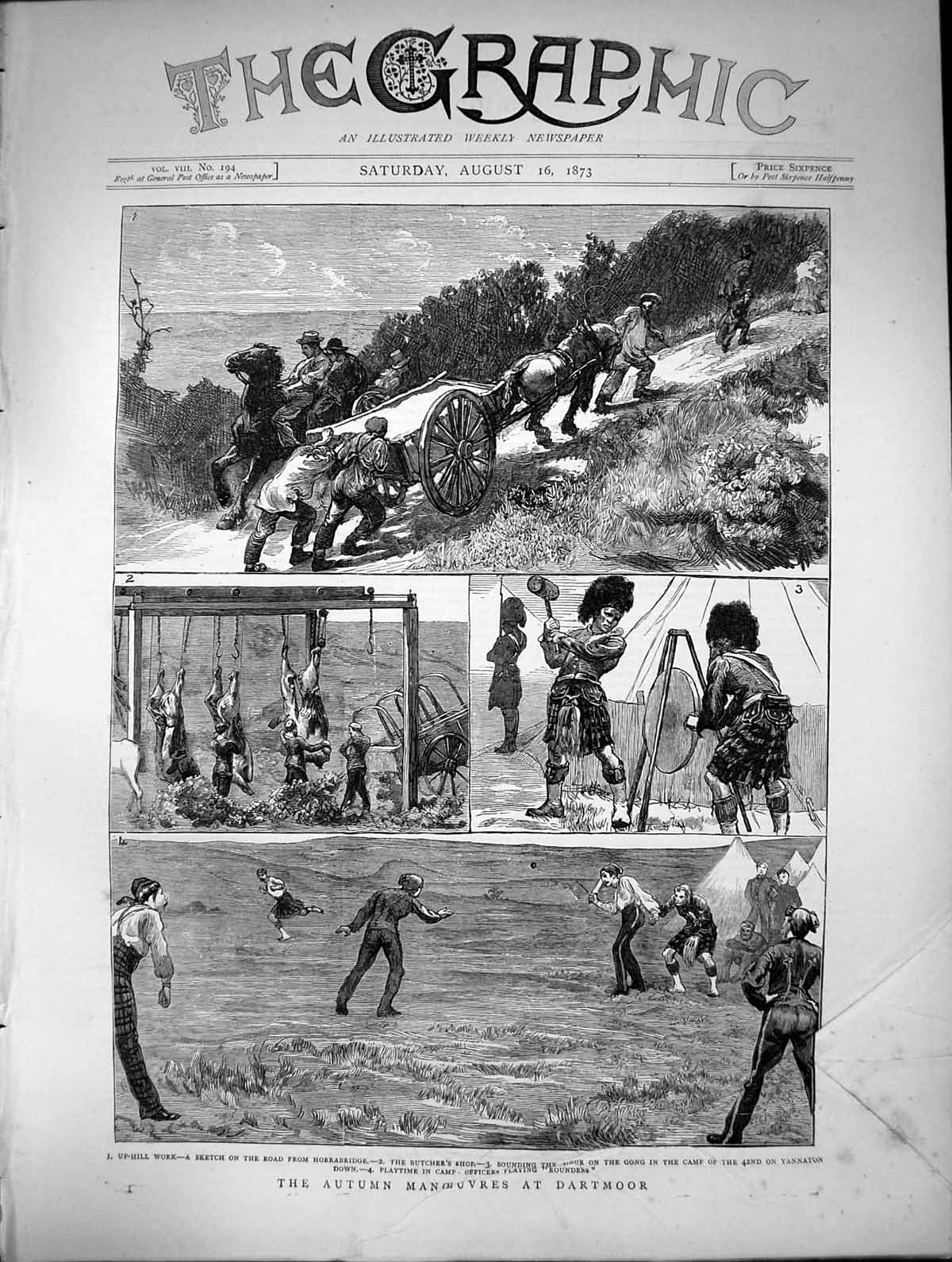 Antique Old Print Manoeuvres Dartmoor Road Horrabridge Playing Rounders 1873