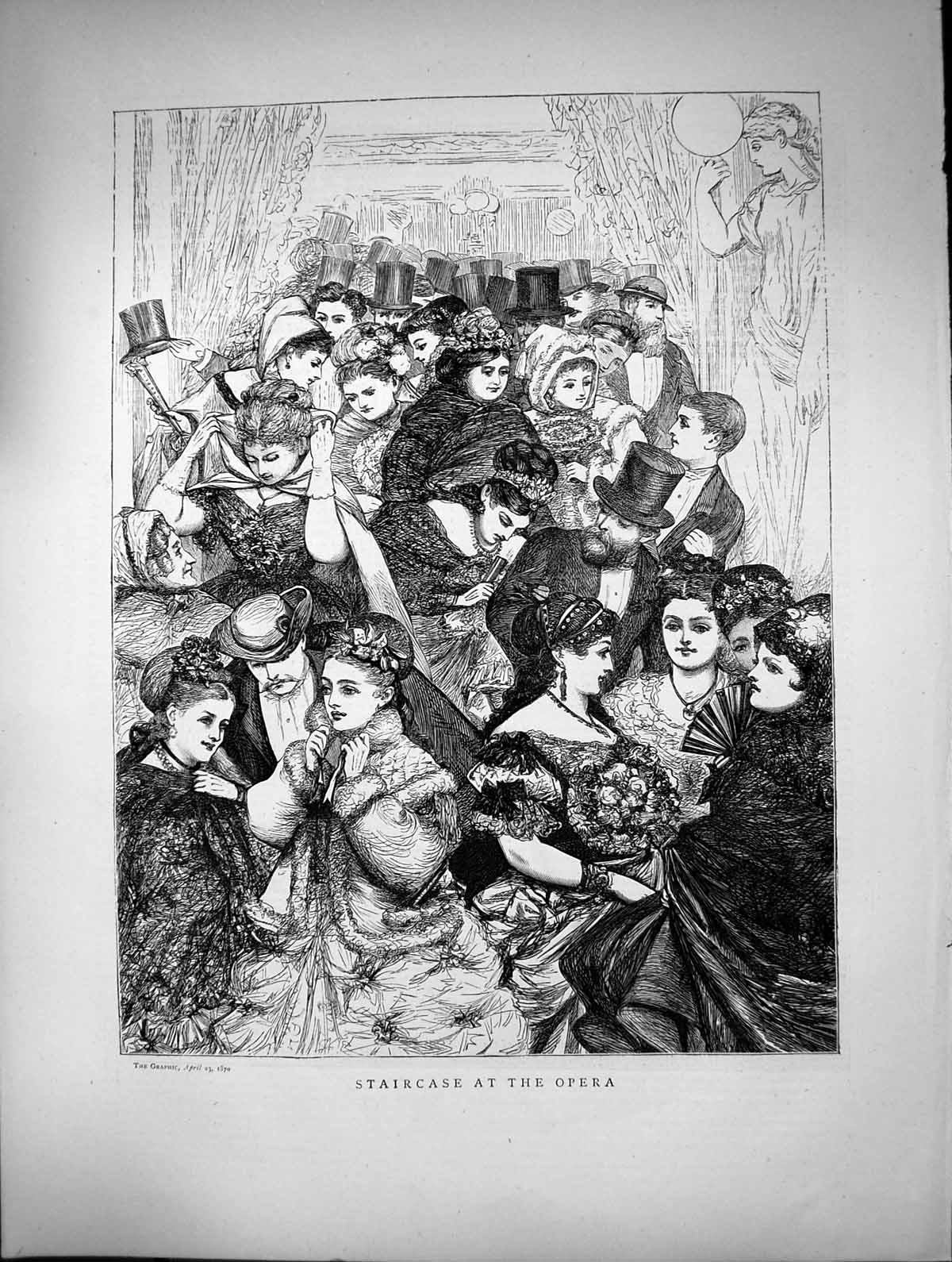 Original Old Antique Print Staircase Opera Gentlemen Top Hats Ladies Fans 1870