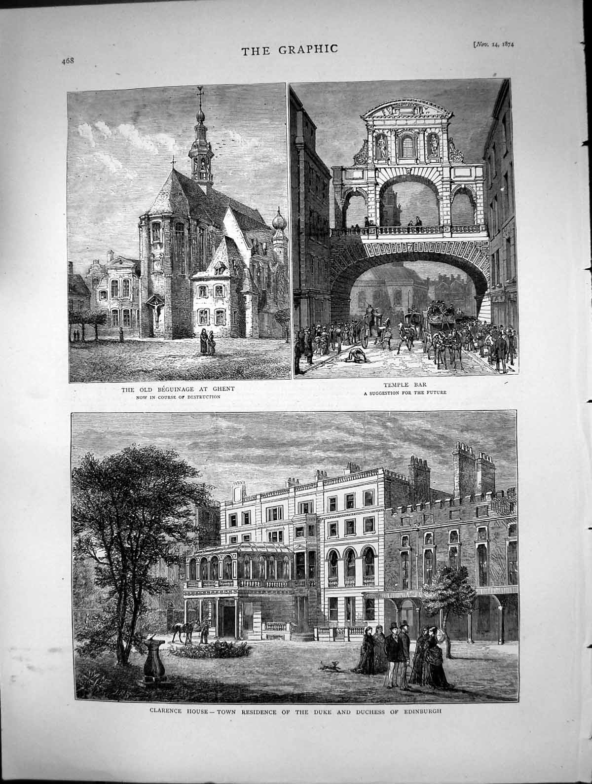 Old Antique Print Beguinage Ghent Clarence House Duke Edinburgh Home 1874 19th