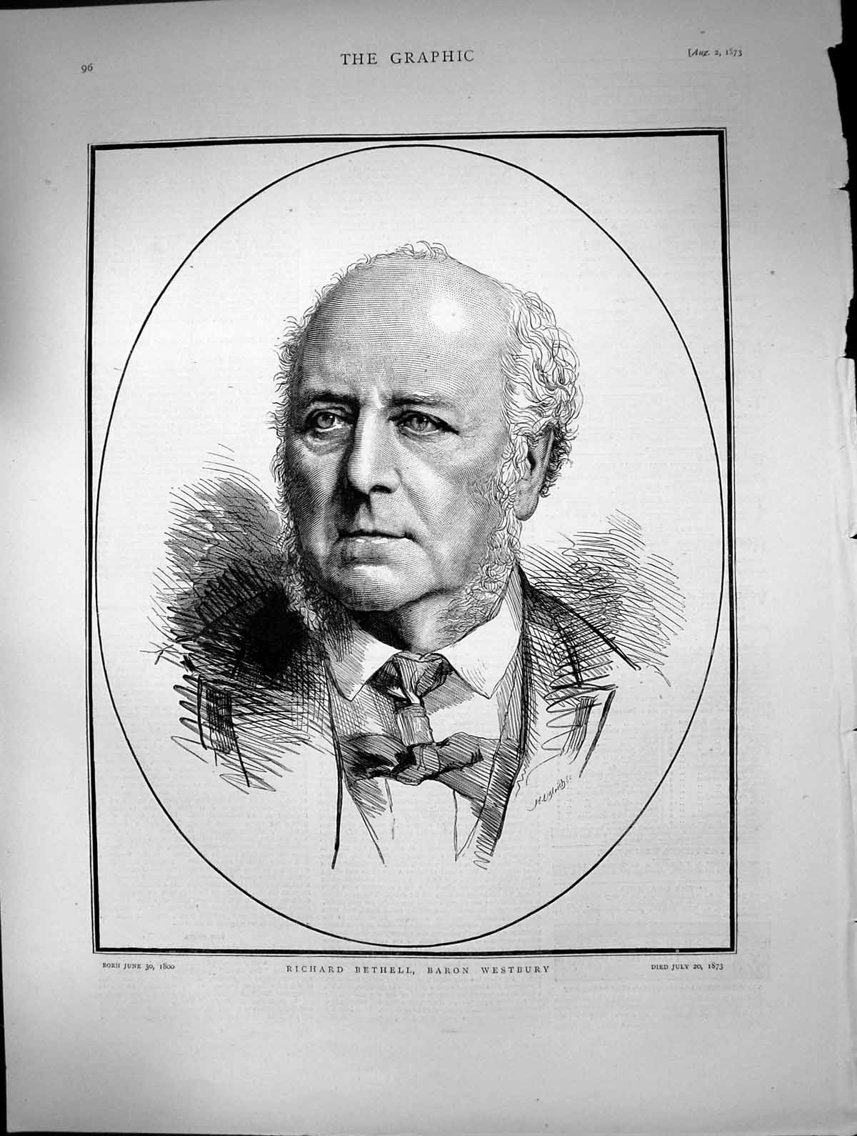 Old Antique Print Richard Bethell Baron Westbury Born 1800 Died 1873 1873 19th