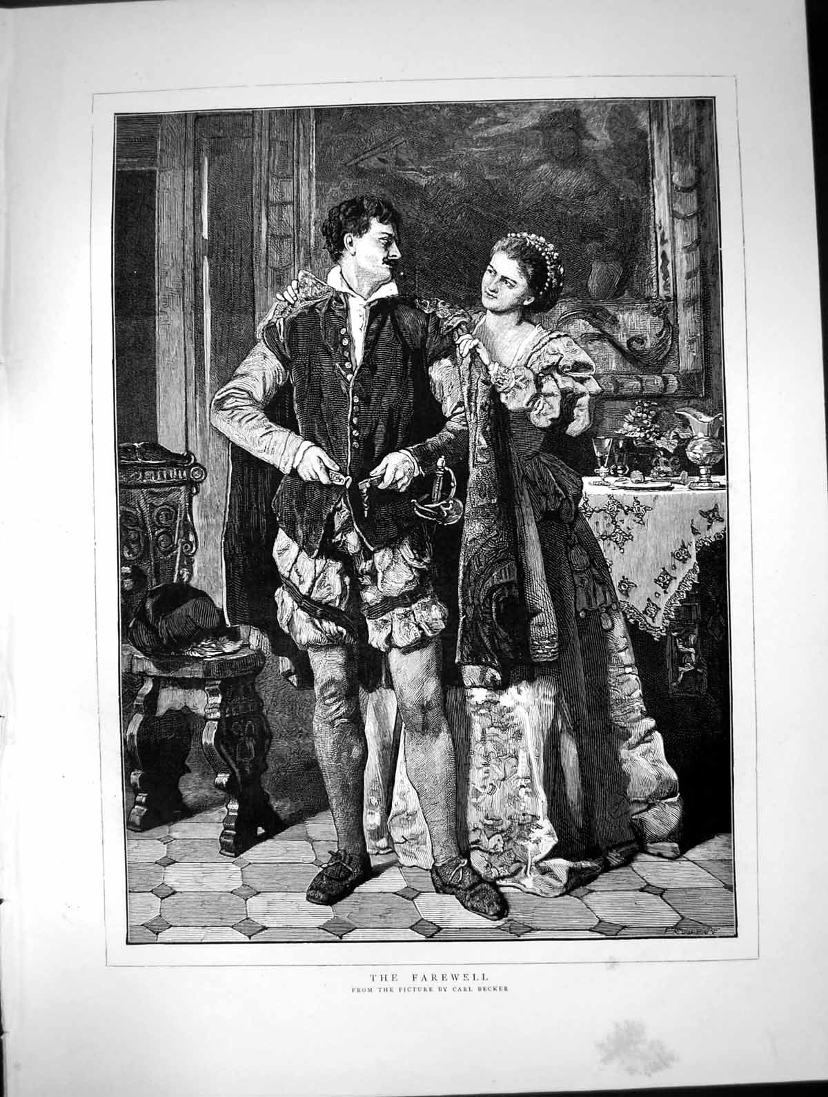 Antique Old Print Farewell Carl Becker Lady Putting Soliers Cloak On C 1874