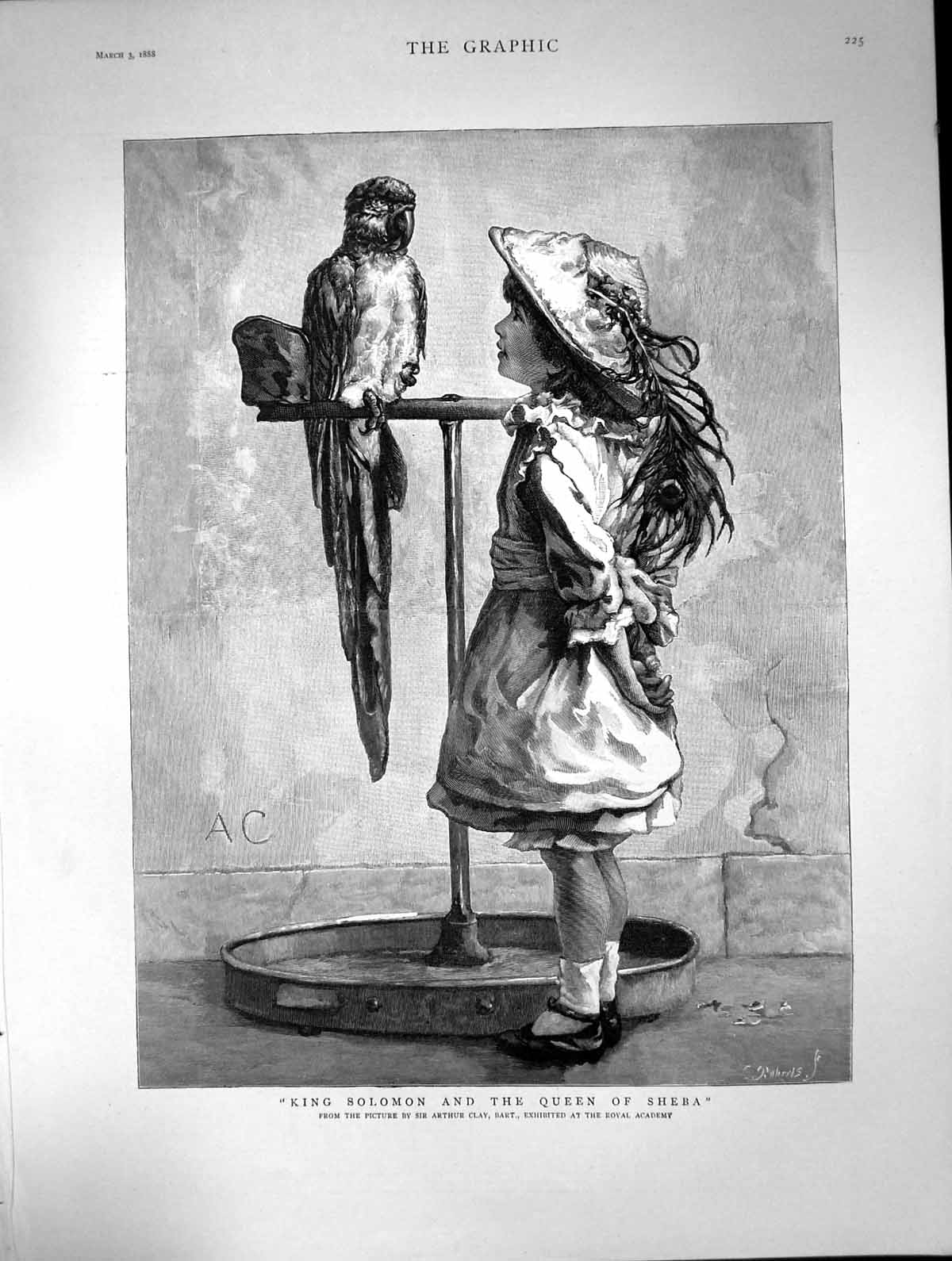 Antique Old Print King Solomon Queen Sheba Arthur Clay Girl Parrot Perch 1888