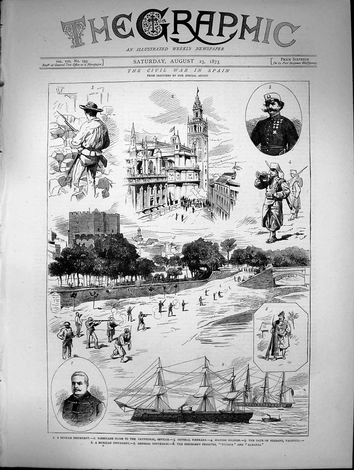 Old Civil War Spain Cathedral Seville Frigates Victoria Almanza 1873 Victorian