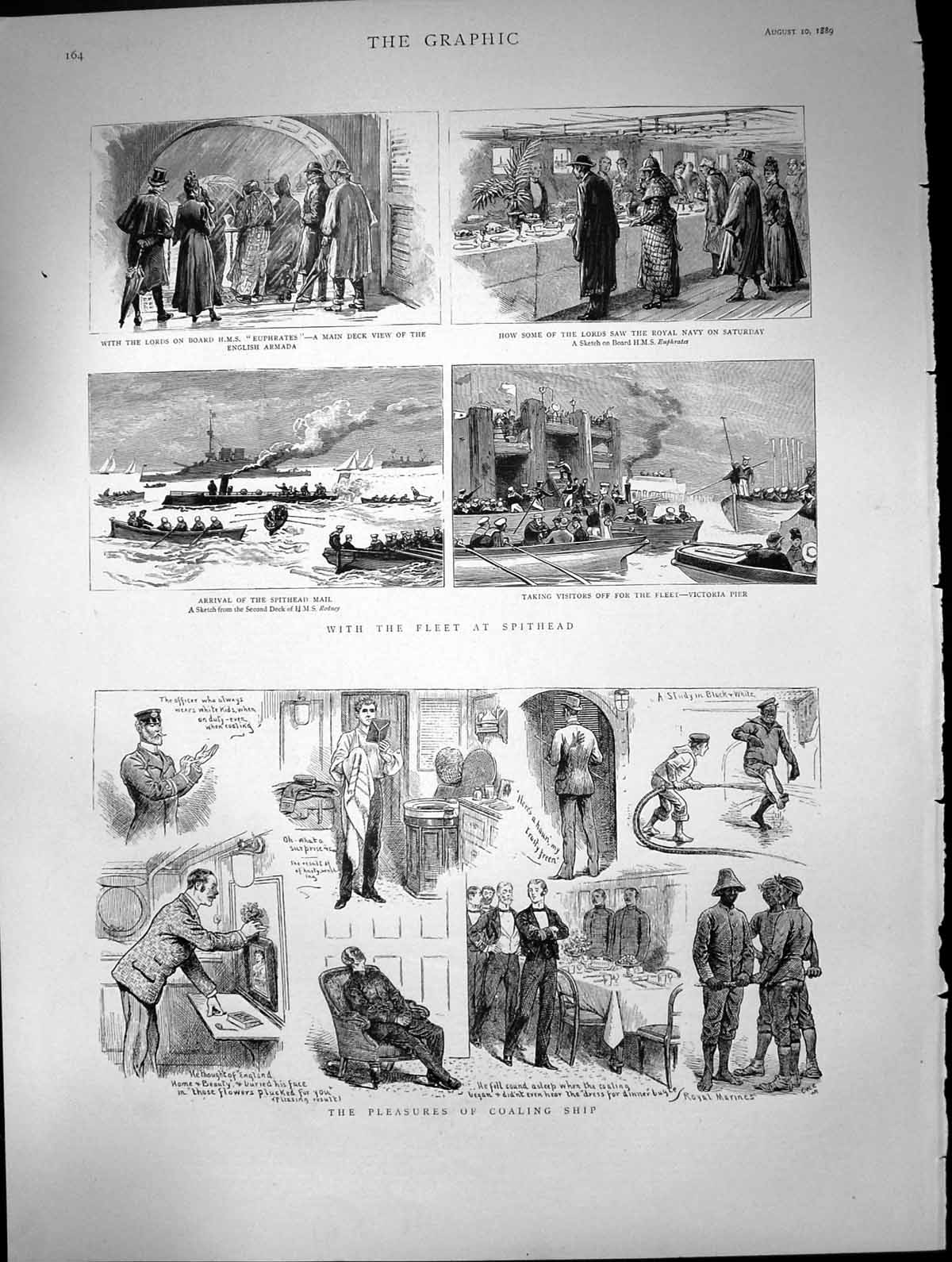 Antique Print Fleet Spithead Victoria Pier Hms Euphrates Coaling Ship 1889 19th