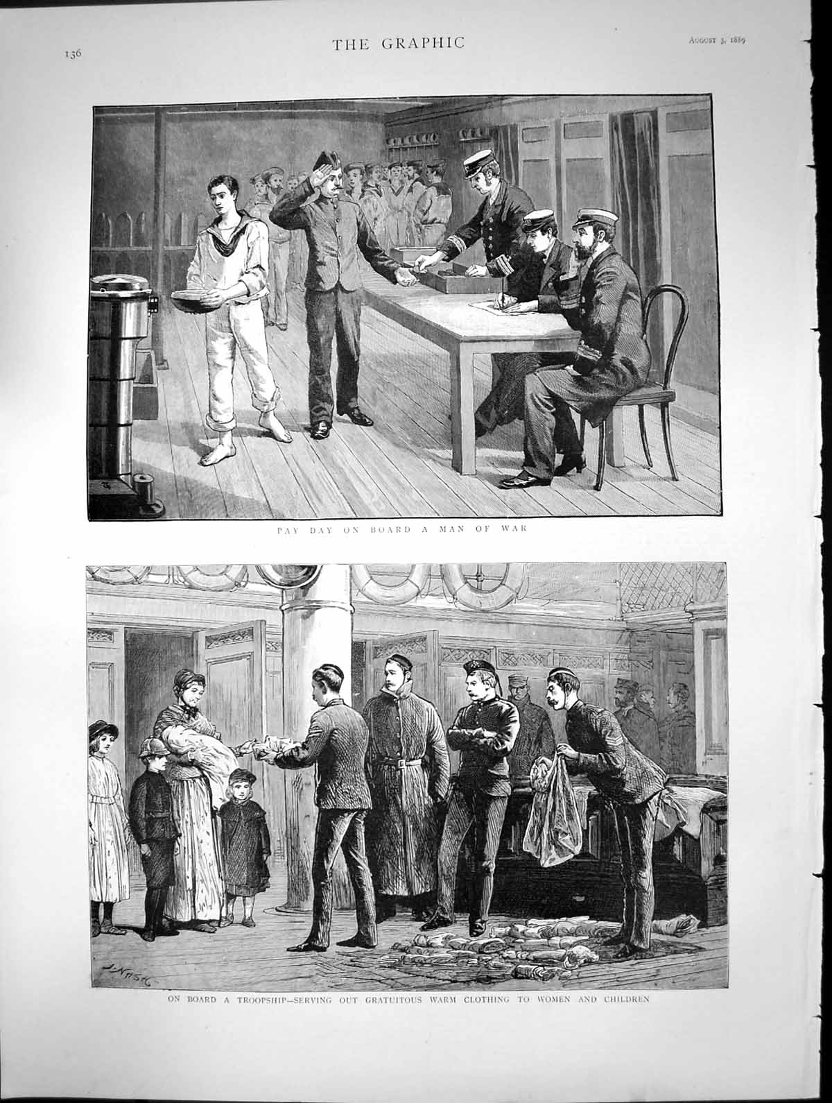 Antique Old Print Pay Day Board Man War Troopship Warm Clothing Children 1889