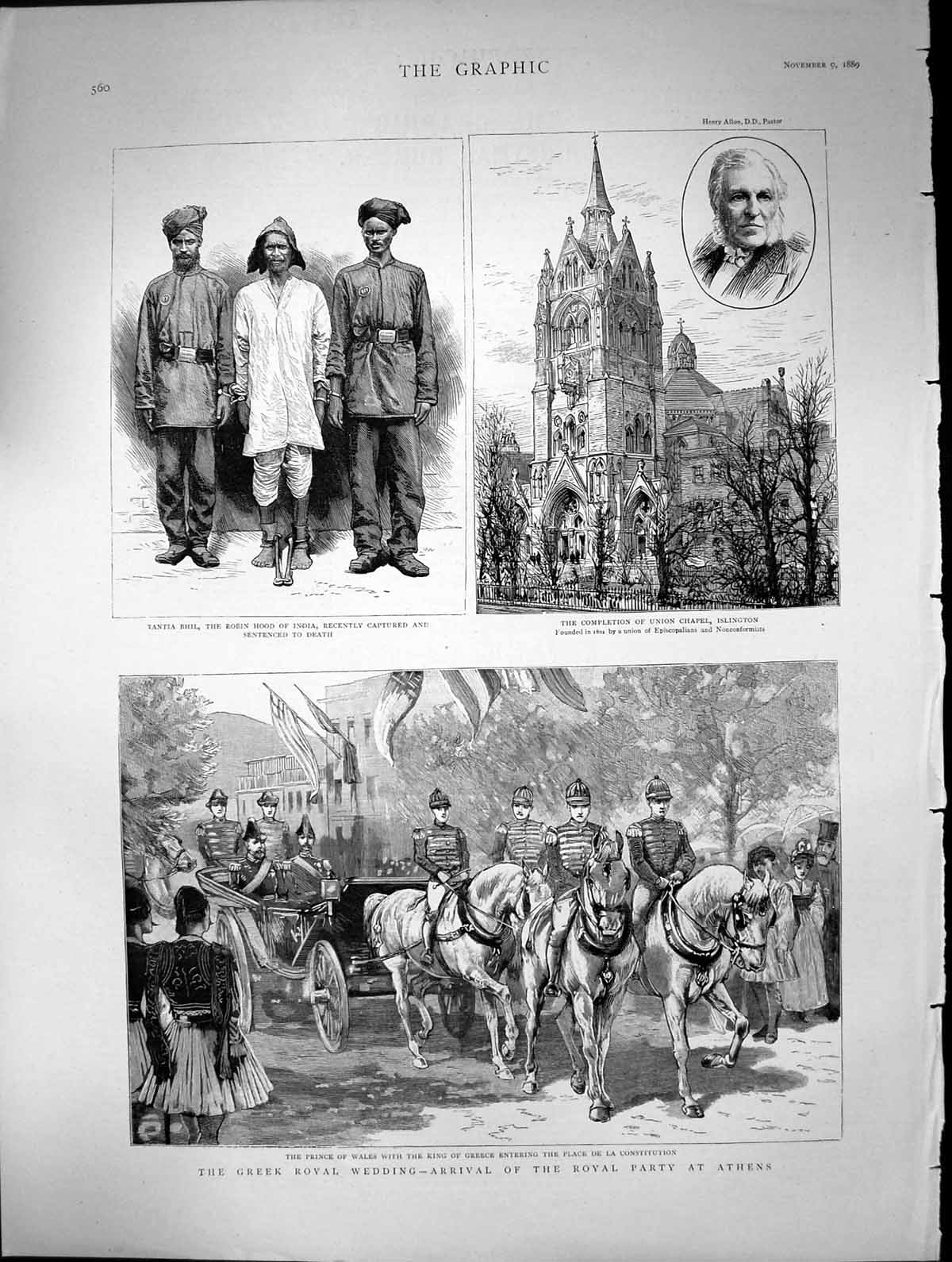 Old Antique Print Greek Royal Wedding Athens Union Chapel Islington 1889 19th