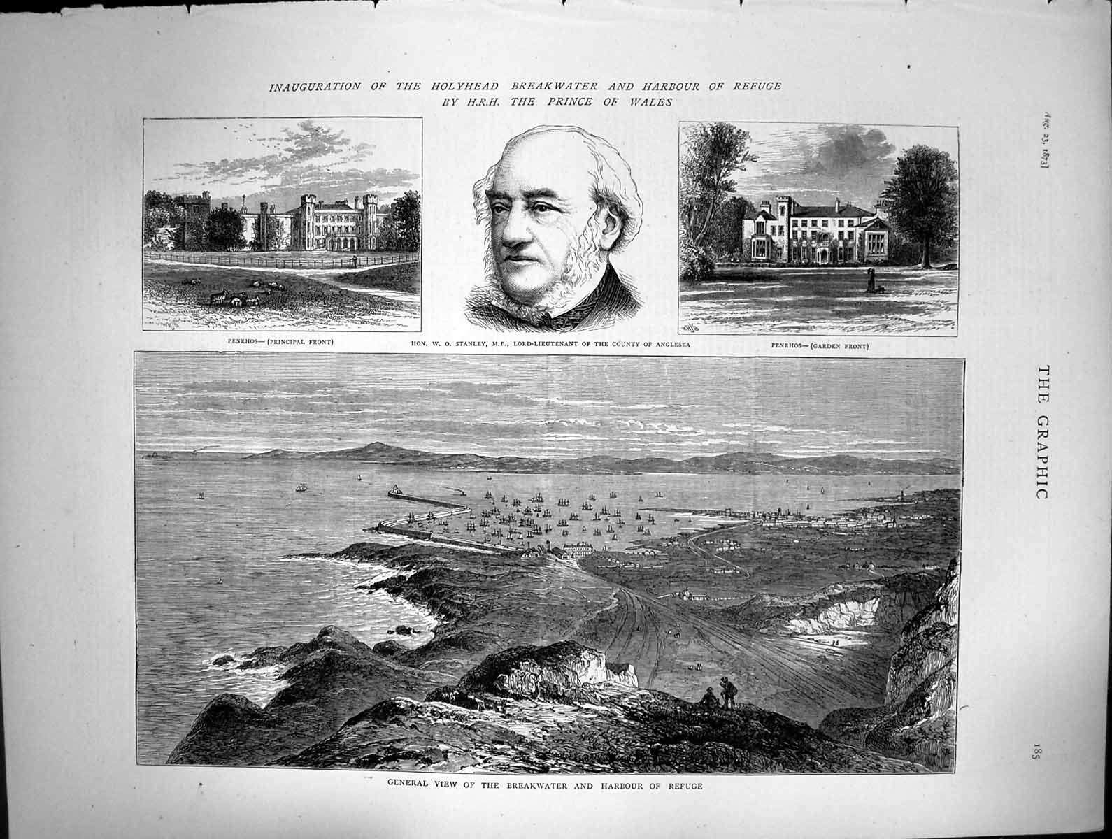 Original Old Antique Print Ho;Head Breakwater Harbour Refuge Penrhos Front 1873