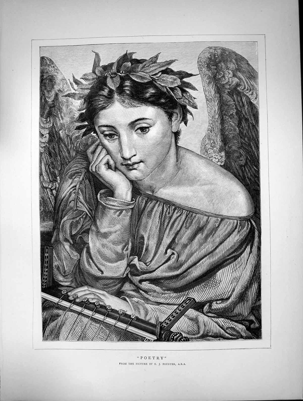 Antique Old Print Poetry Ej Poynter Girl As Angel Musical Instrument C 1870