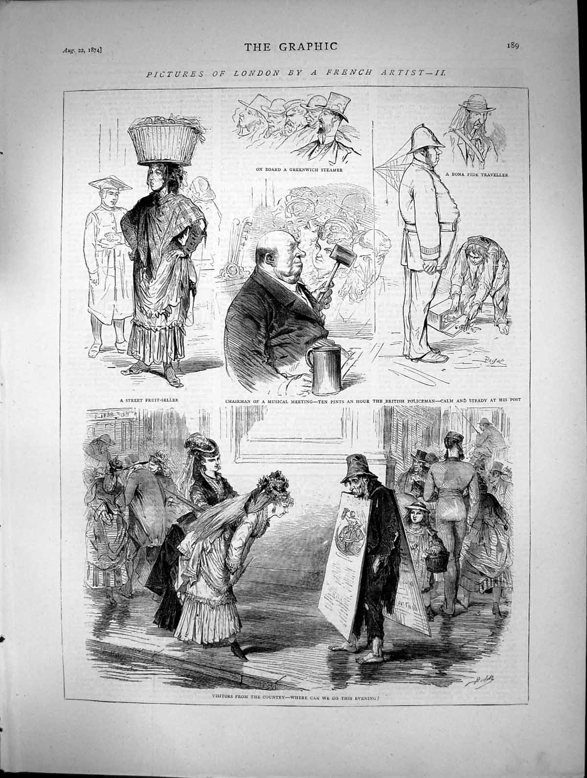 Old Antique Print People London Street Fruitseller Greenwich Steamer 1874 19th