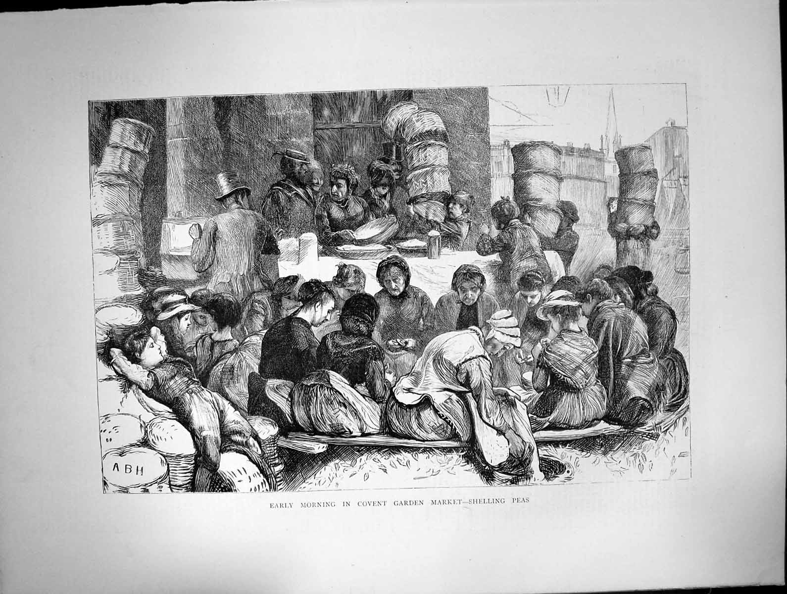 Old Antique Print Early Morning Covent Garden Market Shelling Peas 1870 19th
