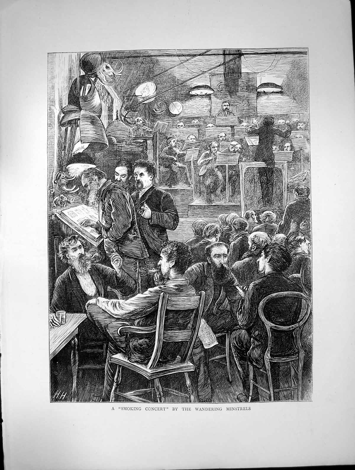 Old Antique Print Smoking Concert Wandering Minstrels Band Conductor 1870 19th