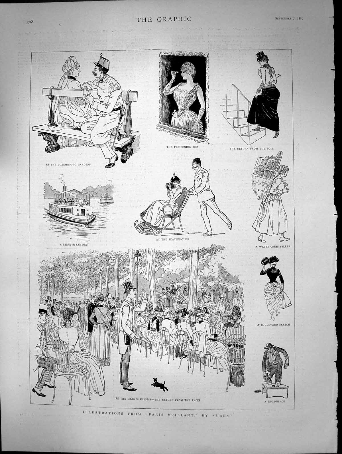 Antique Old Print Paris Brilliant Mars Champs Elysees Seine Steamboat 1889 19th