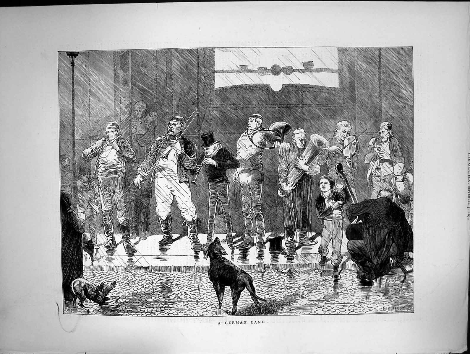 Antique Old Print German Band Playing Street Dogs Trumpet Violin Flute 1872