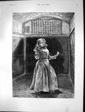 Original Old Antique Print Padded Room Refractory Young Woman Long Dress 1889